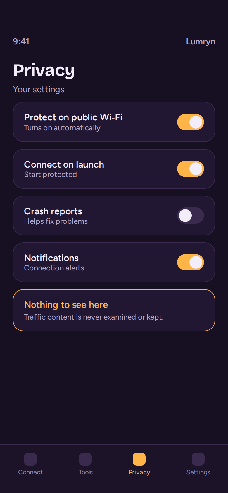 Privacy settings screen with switches for public Wi‑Fi protection, connect on launch, crash reports and notifications
